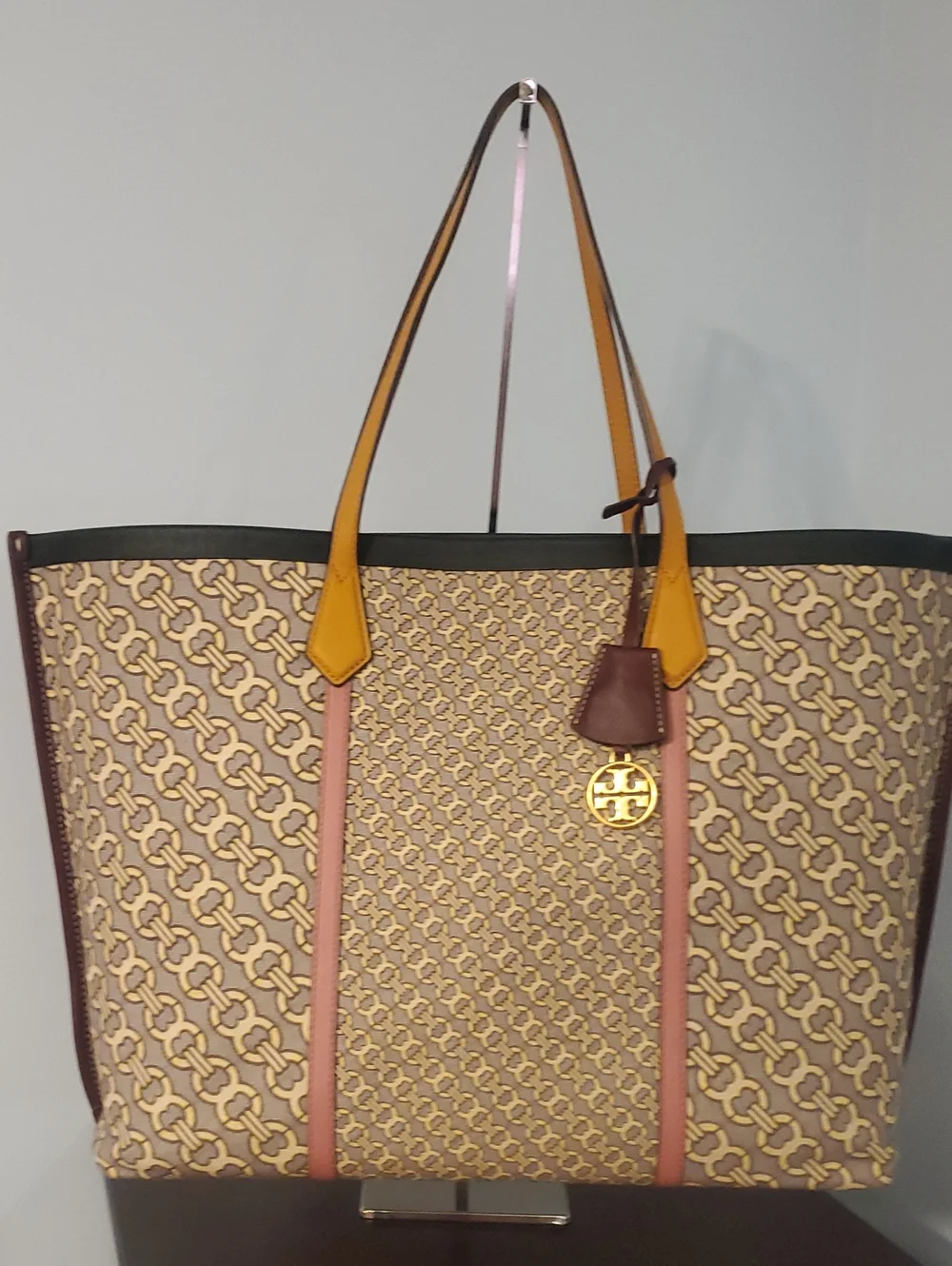 Tory Burch Beige Patterned Canvas Tote with Yellow Straps